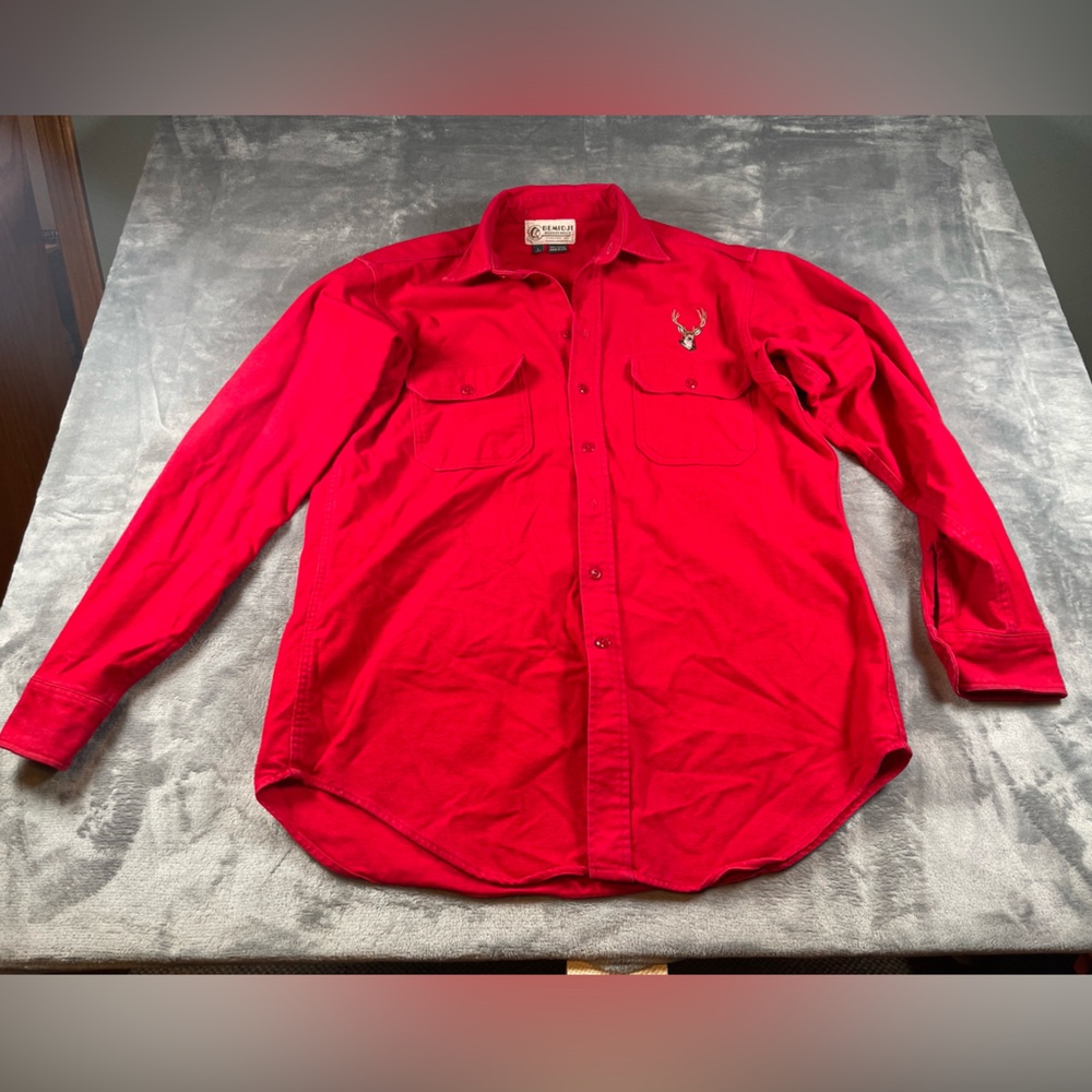 Red Button shirt Vtg bemidji woolen mills cotton buck deer missing button L long